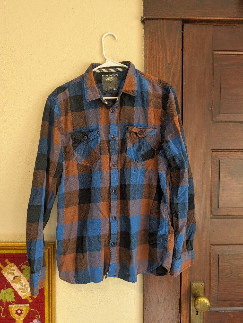 VANS Long Sleeve Flannel Women's XL Orange Blue Black‎ Plaid With Chest Pockets